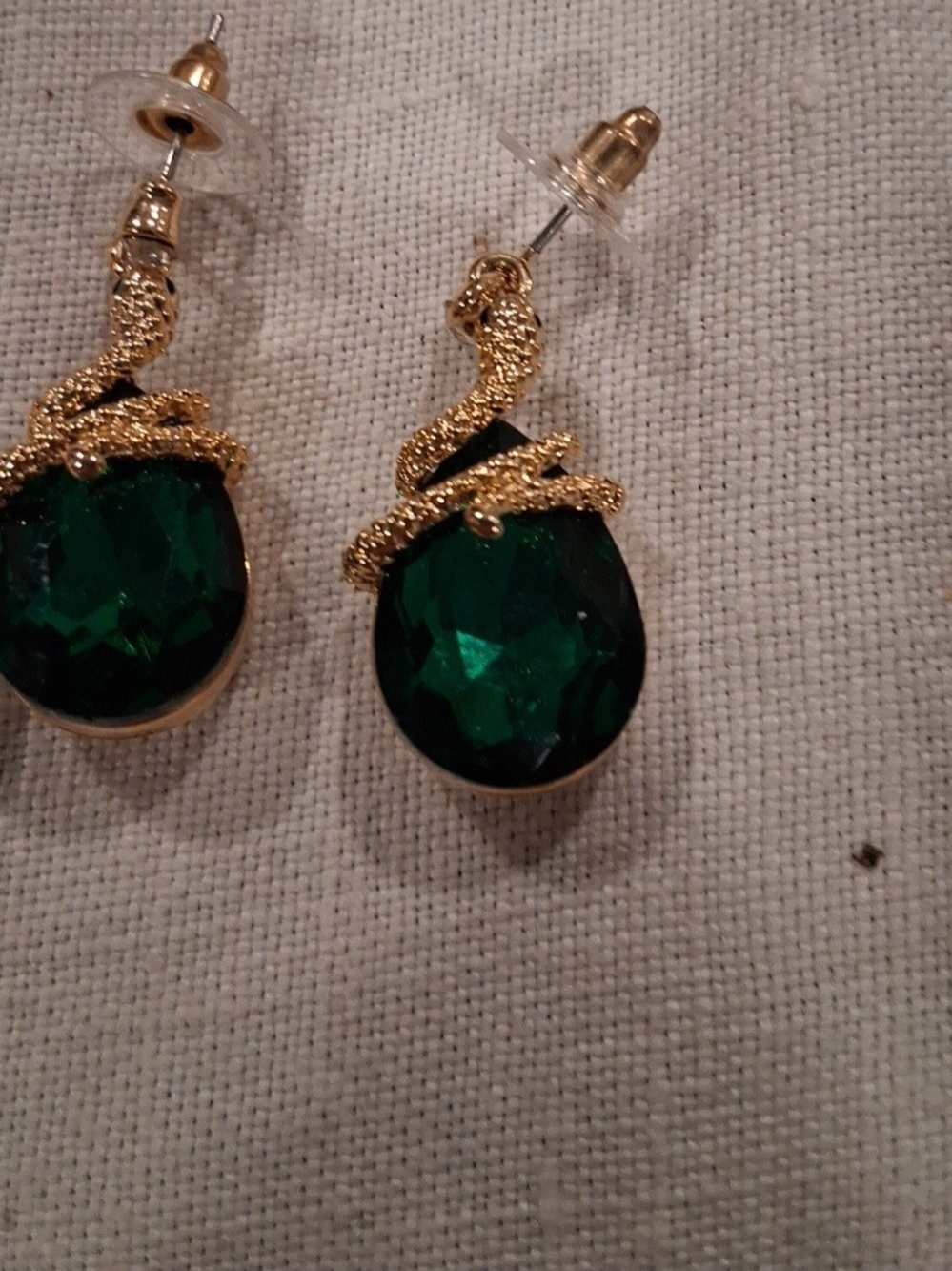 Gold Snake Drop Earrings with Emerald Green Gemstones
